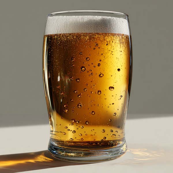 12 fl. oz. regular beer, golden amber with foamy head, in a pint glass, labeled 5% ABV