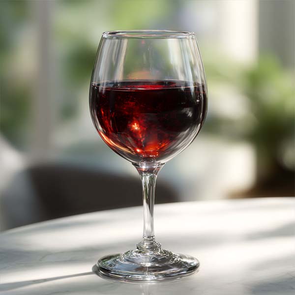 5 fl. oz. red wine in a wine glass, deep ruby red, labeled 12% ABV